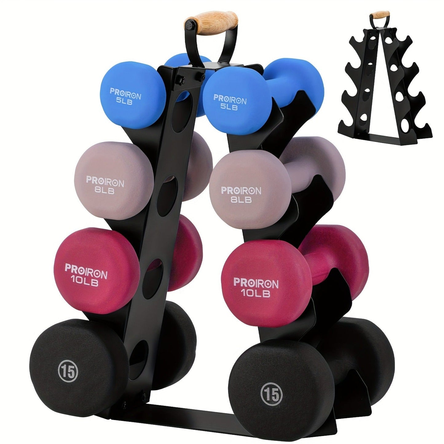 Weight Rack Stand 4-Tier A-Frame with Wooden Handle – Space-Saving Dumbbell Storage for Home Gym, Holds 5–15LB Hex & Rubber Dumbbells