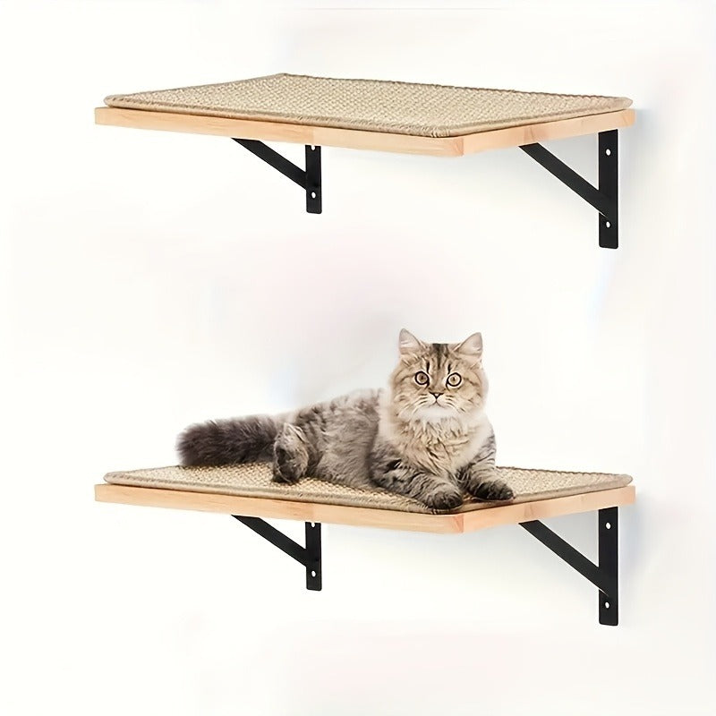 Wall-Mounted 40x30cm Cat Shelf with Beige Sisal Mat, 2cm Wood Platform and Two Metal Brackets