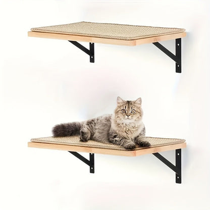 Wall-Mounted 40x30cm Cat Shelf with Beige Sisal Mat, 2cm Wood Platform and Two Metal Brackets