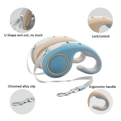 Retractable Dog Leash with 16-Foot Tape, One-Button Lock and Six Champagne, White or Blue Size Options