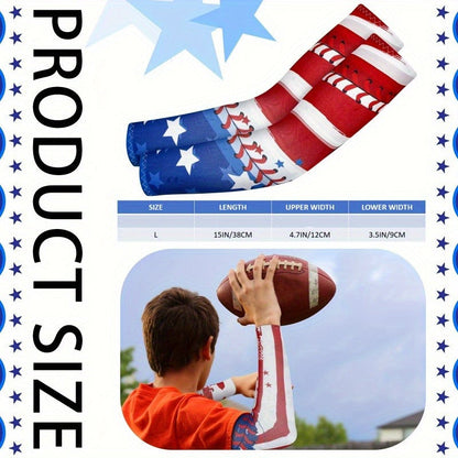 Patriotic Baseball Arm Sleeves 2 Pairs – American Flag Star Design Compression Sports Elbow Covers, Anti-Slip UV Protection for Men Women