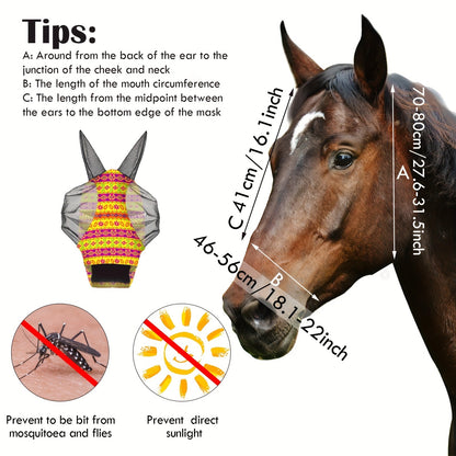 Horse Fly Mask with Ears 6-Pack – Soft Elastic Breathable Face Covering for Horses | Smooth Comfortable Fit, Geometric Pattern, Medium Size