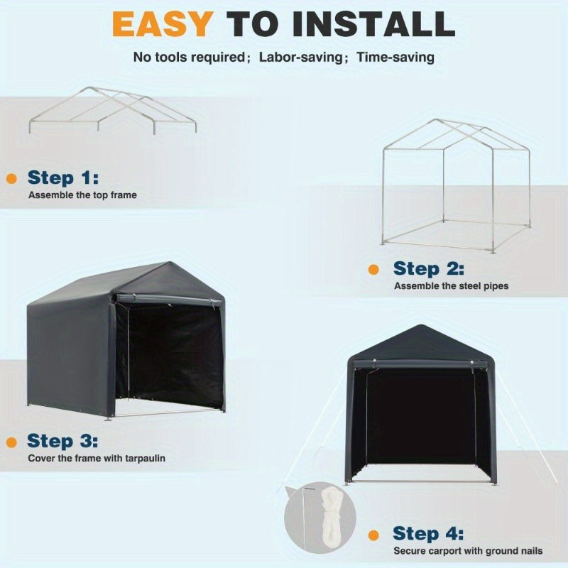 Portable PE-Tarpaulin Outdoor Storage Shelter with Steel Frame in 5 x 7.2 Ft or 6.3 x 8 Ft Sizes