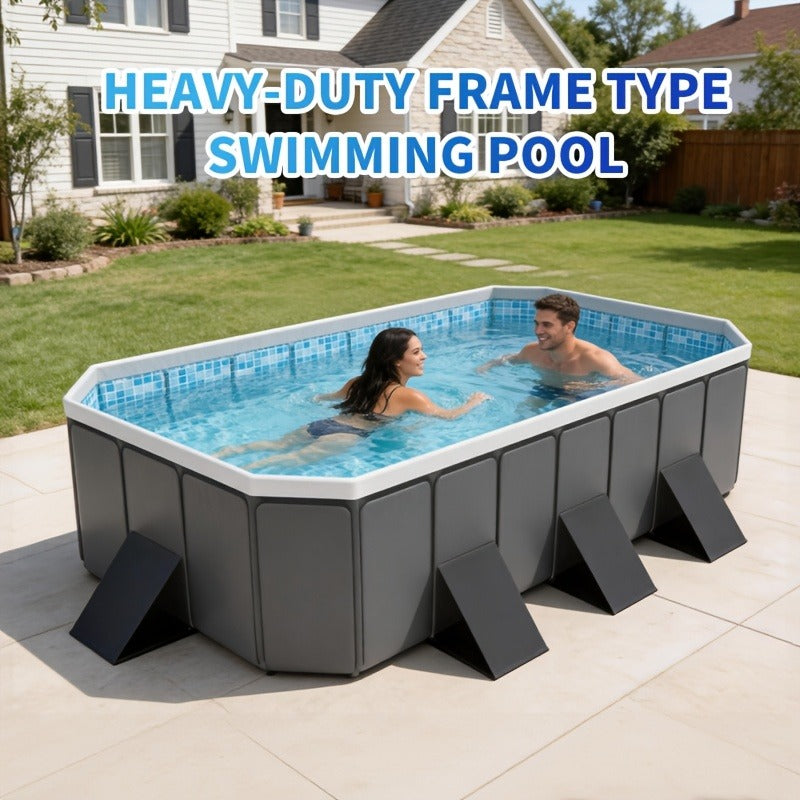 Large Rectangular Frame Pool, Non-Inflatable Backyard Swimming Pool with Drain for Garden, Patio and Yard Use