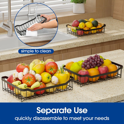Tiered Fruit Basket Kitchen Organizer with Banana Hook, Removable 2 or 3 Metal Baskets and Wood Handle