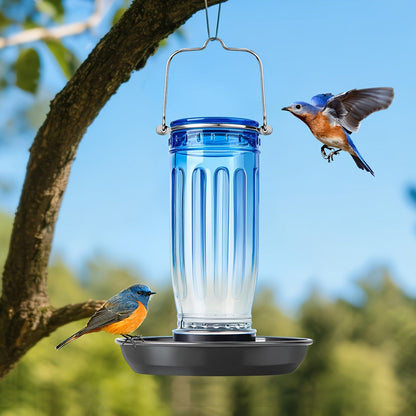 Bird Waterer Outdoor Hanging Glass Wild Bird Water Dispenser with Metal Handle – Gravity Fed Garden Yard Patio Tree Bird Feeder