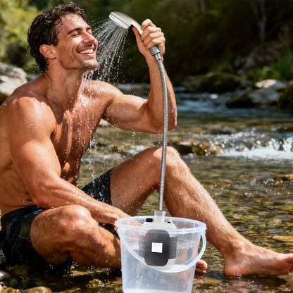 Portable Outdoor Shower with Light 2-in-1 – 2000mAh Rechargeable, Power Display, Spray Nozzle, Hose & Suction Cup – Camping, Hiking