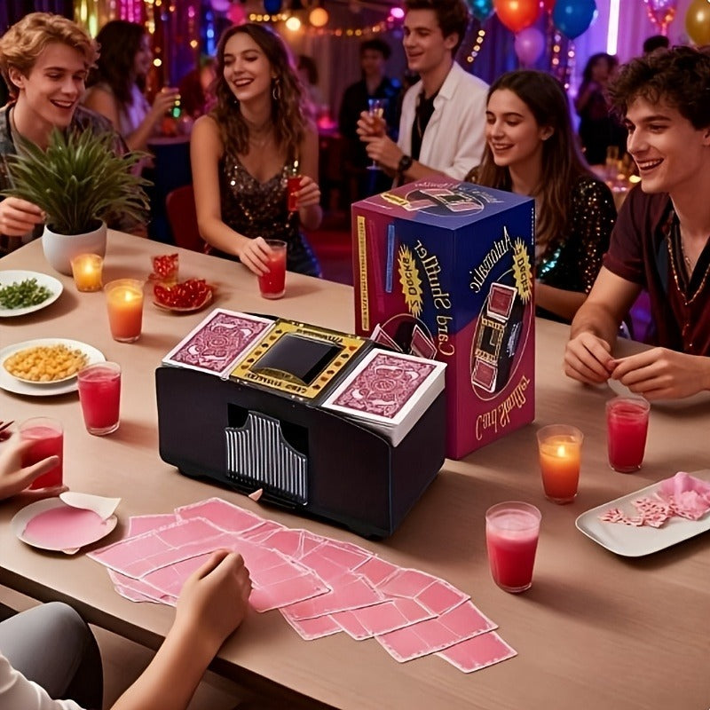 Automatic Playing Card Shuffler for 2, 4 or 6 Decks with One-Button Battery Operation and Transparent Card Chambers