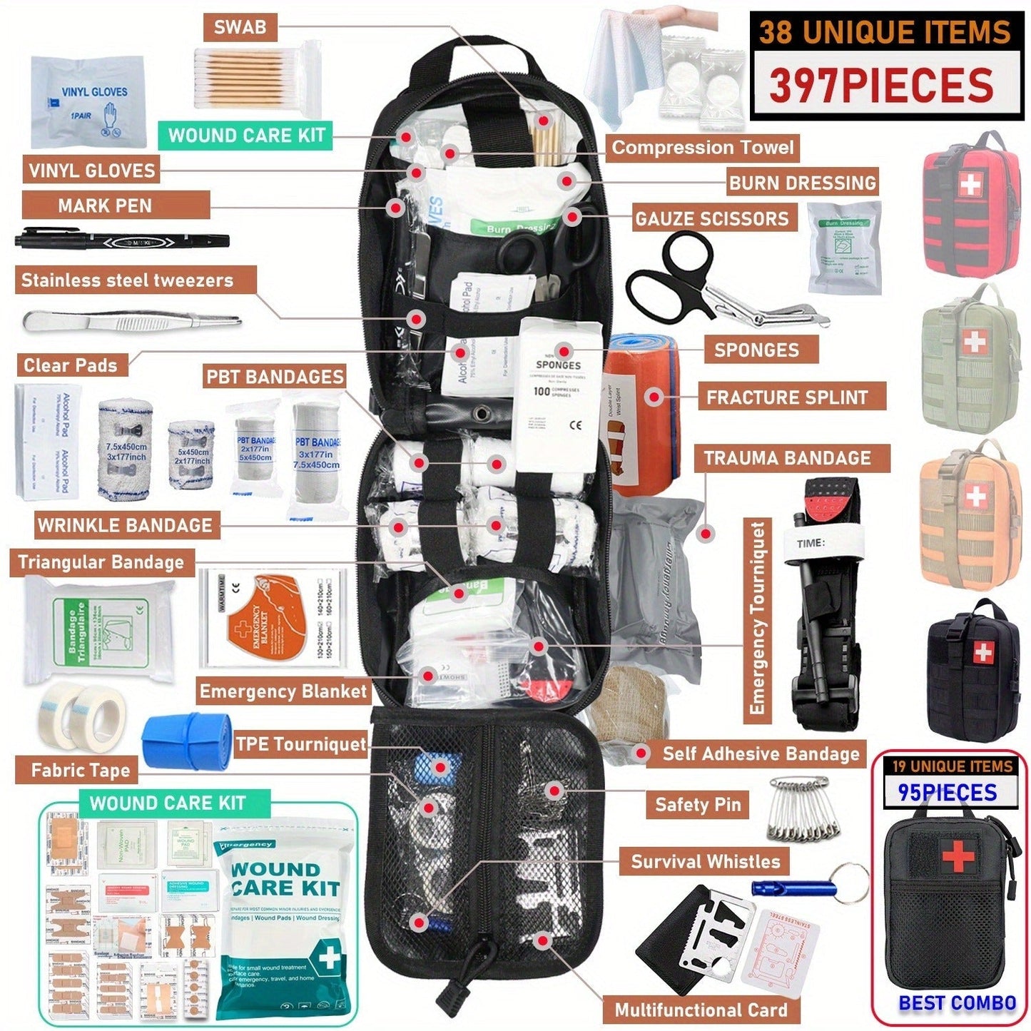 First Aid Kit 399pcs / 99pcs Professional Portable Survival Gear with Splints Scissors Tweezers for Hiking Camping Hunting Car Travel