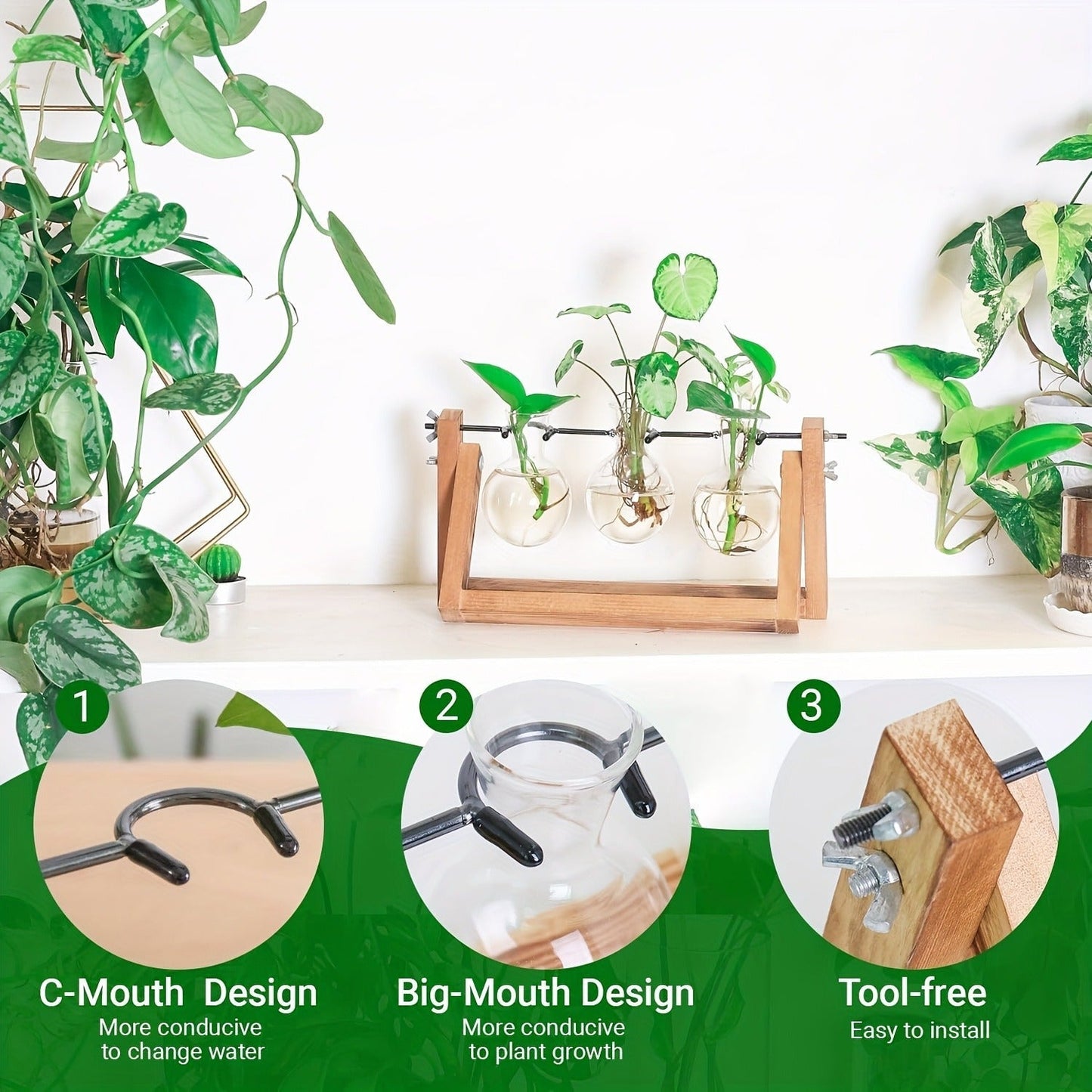 Propagation Station 3 Bulb Glass Vase with Wooden Stand – Hydroponic Plant Terrarium for Home Office Desk Decor