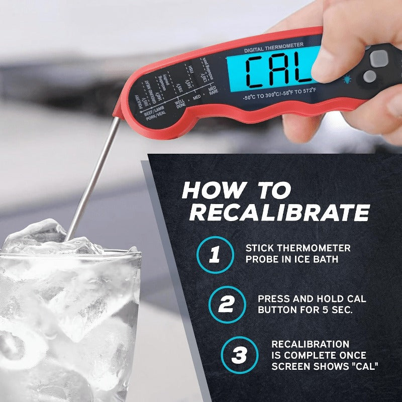Red and Black Folding Digital Food Thermometer with Backlit Display, Calibration Mode, Unit Switch and Hanging Loop