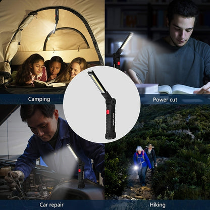Foldable Black and Khaki Work Light Multipacks with Pivoting COB Bar and Pictured Charging Cables