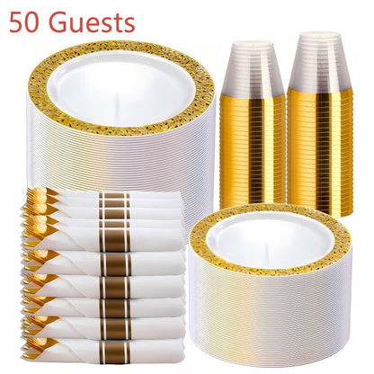 Gold Disposable Dinnerware Set for 50 Guests 350pcs, Includes Dinner Plates, Dessert Plates, 9oz Cups with Gold Rim