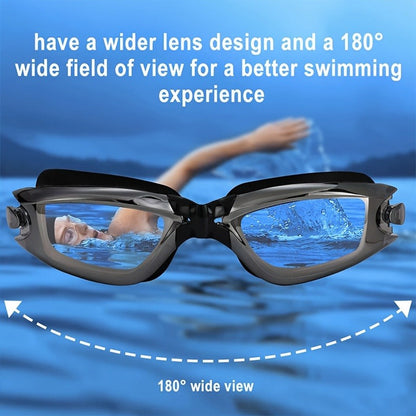 Adult Swimming Goggles Six-Piece Set with Black Silver-Look Lenses, Swim Cap, Case, Nose Clip, Earplugs and Bag