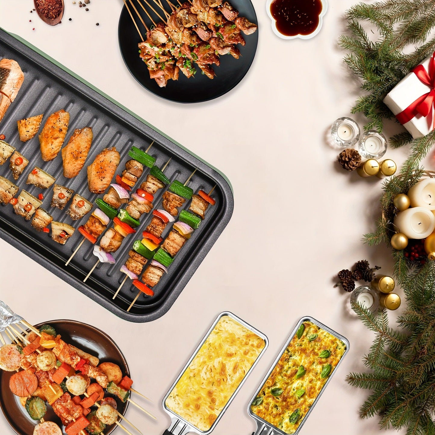 Indoor Smokeless Electric Grill 1500W Non-Stick Raclette Table Grill with Removable Plate & 3 Mini Pans Compact BBQ Griddle