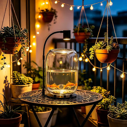 Glass Terrarium with USB Growth Light Open Top 15.9x8.7 Inch Transparent Vase for Moss Air Plants Succulents Indoor Garden Home Office Decor