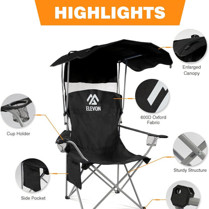 Folding Camping Chair with Optional Sunshade Canopy, Cup Holders, Carry Bag and Black, Red or Blue Configurations