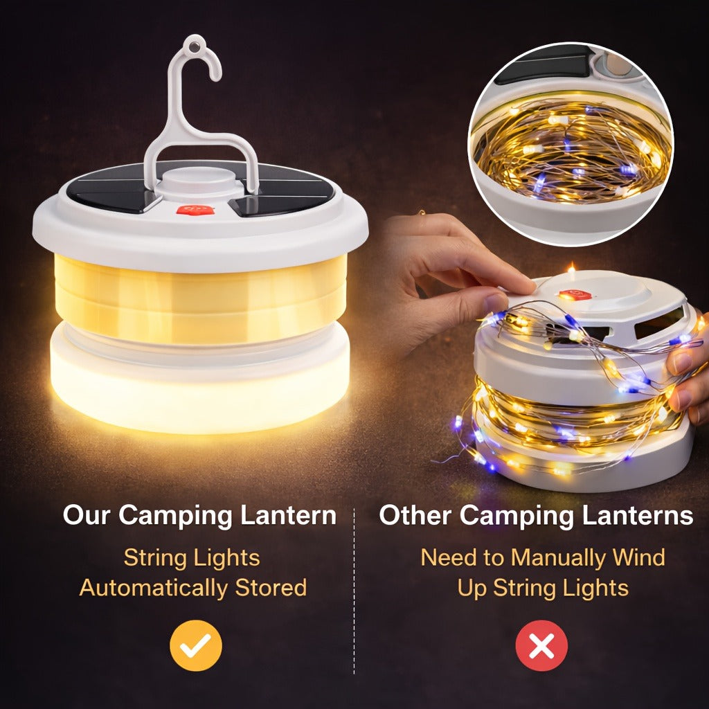 Solar Camping Lantern with Retractable 32.8ft String Lights, Six Modes, USB-C Port and Hand Crank