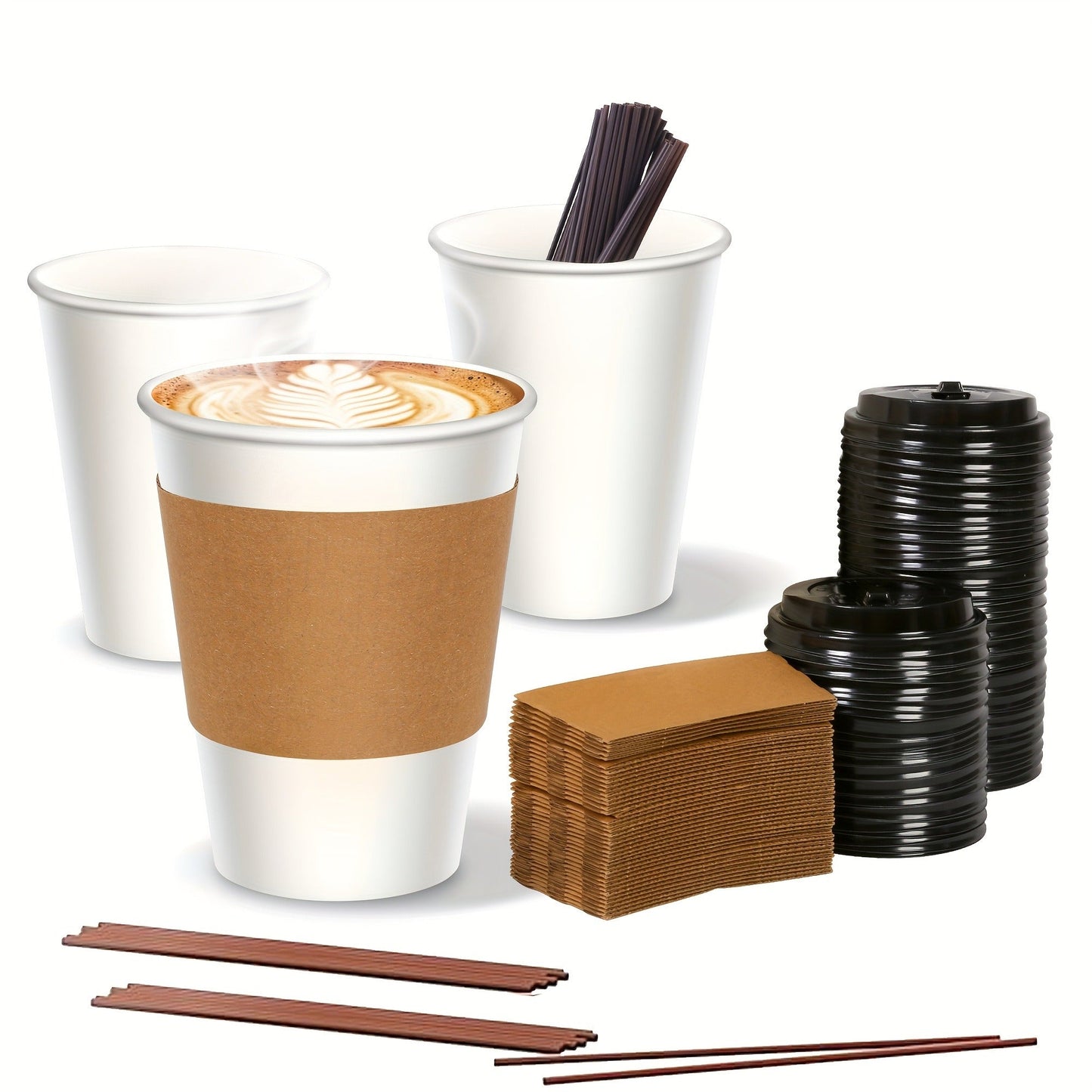 Disposable Paper Coffee Cups with Lids and Sleeves 12oz, Leak-Proof To-Go Hot Coffee Cups with Insulated Sleeve for Home