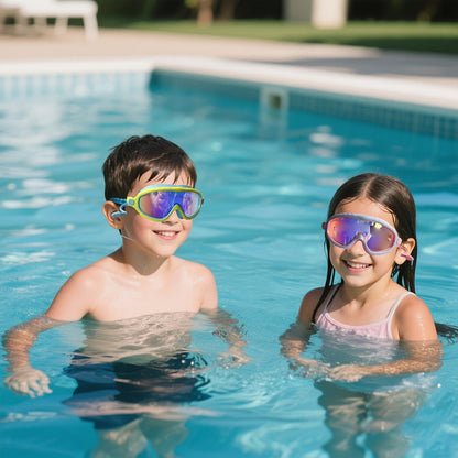 Kids Wide-Lens Swim Goggles with Attached Earplugs, Adjustable Strap and Blue or Pink Frame