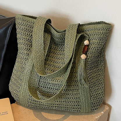 Straw Woven Tote Bag for Women with Tassel, Large Beach Storage and 3 Natural Color Options