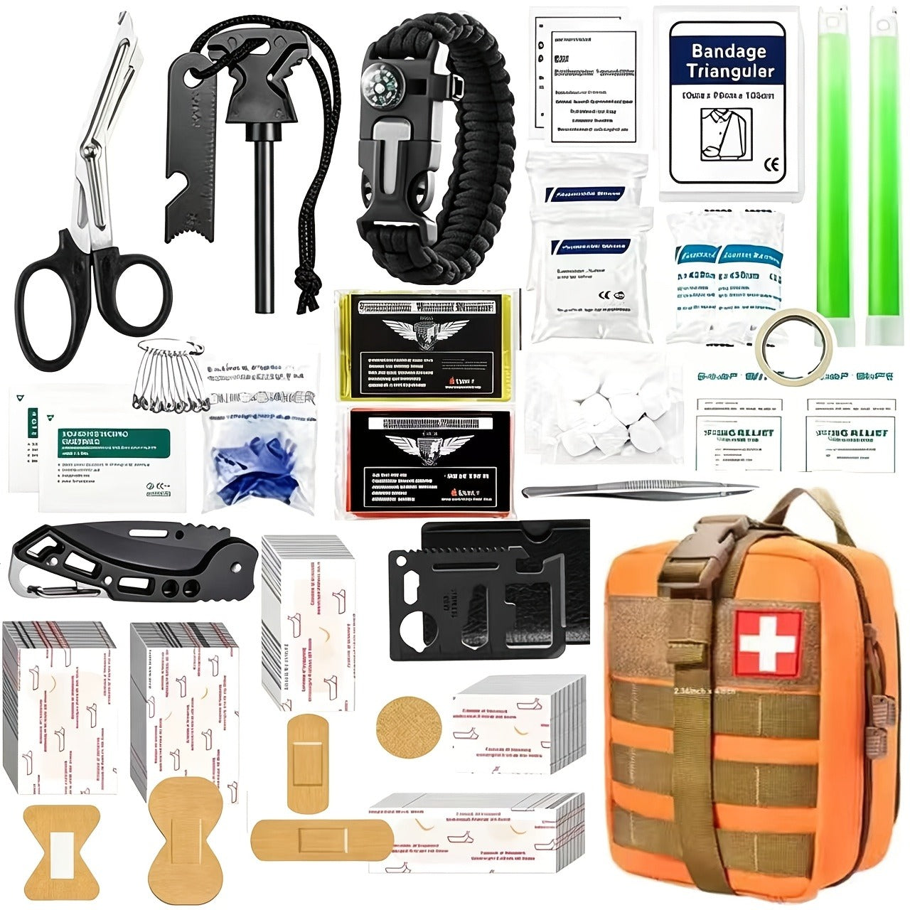 217-Piece Outdoor Tool and First Aid Supply Kit with MOLLE Bag in Nine Color-Labeled Options