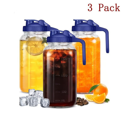 Three-Pack 64-Ounce Mason-Style Glass Pitchers with Pink Flip Lids, Handles and Wide Mouths