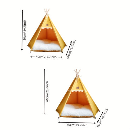Pet Teepee Bed with Cushion – Linen Fabric Cat & Dog Tent, Dome-Shaped All-Season Indoor Outdoor House, Padded & Sturdy Frame