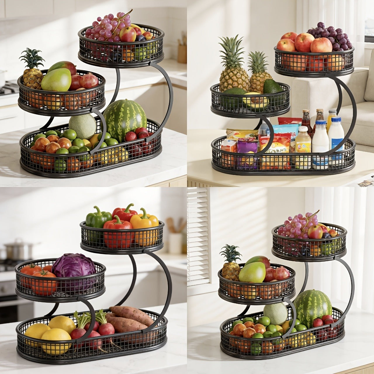 Three-Level Black Wire Fruit Basket with Two Round Bowls and 15.75-Inch Rectangular Base Tray