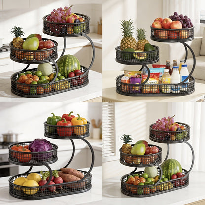 Three-Level Black Wire Fruit Basket with Two Round Bowls and 15.75-Inch Rectangular Base Tray