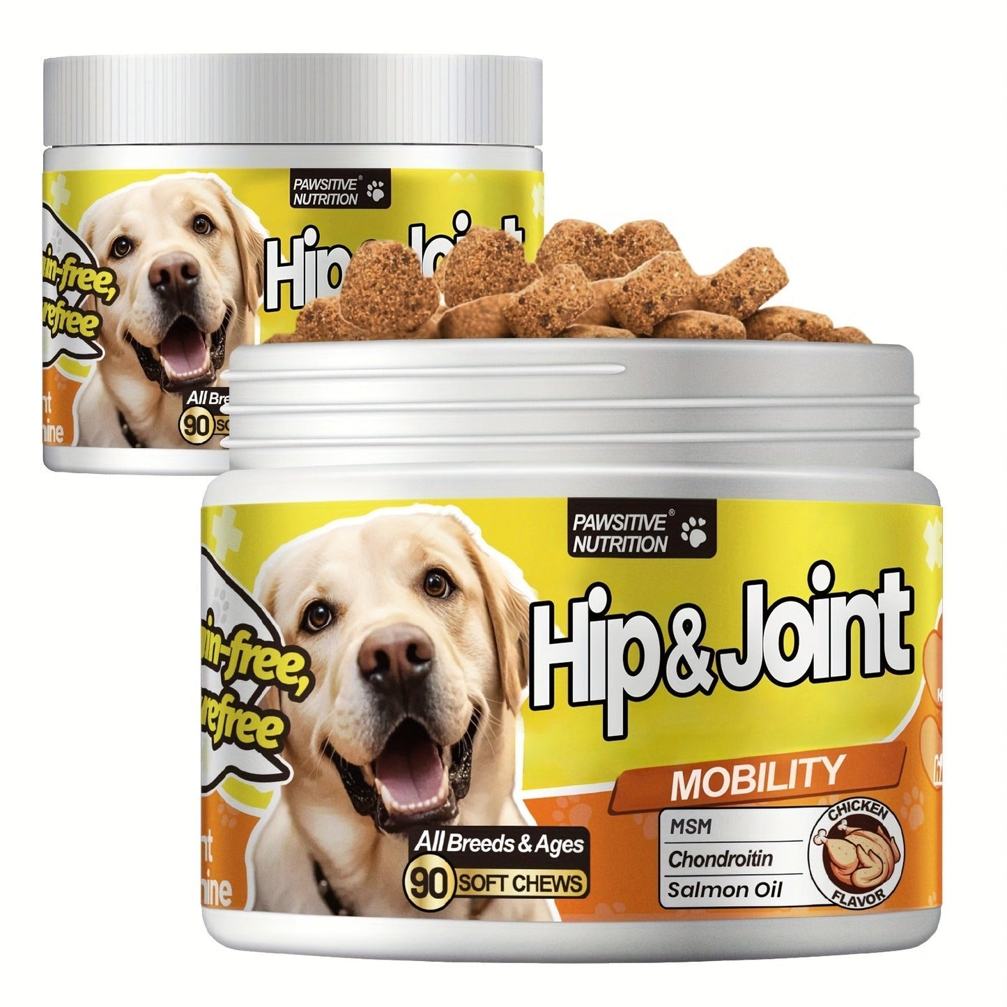 Dog Hip and Joint Soft Chews with Glucosamine, Chondroitin, MSM and Salmon Oil, 90 Count per Bottle