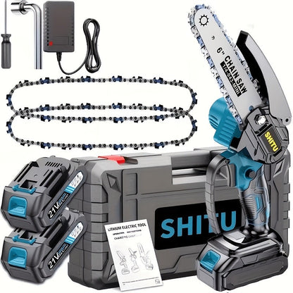 Handheld Electric Chainsaw, Mini Cordless Portable Tree Cutter with Splash Guard, Security Lock, Rechargeable Battery Options