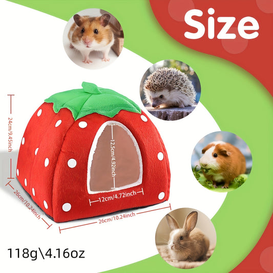 Small Animal Hideaway Bed 2pcs – Strawberry Plush Hideout for Guinea Pigs, Hamsters & Rabbits, Semi-Enclosed Warm Nest with Leaf Design