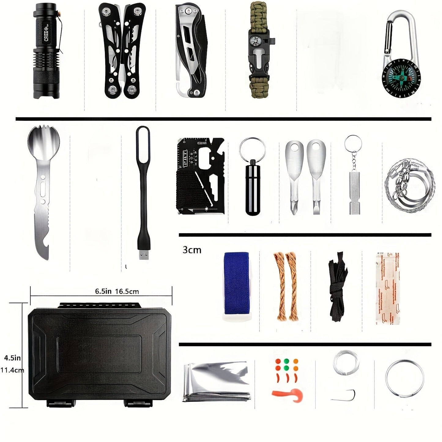 Wilderness Survival Kit, 12/20/60 Piece Outdoor Emergency Gear Set with Paracord Bracelet, Survival Whistle, Flashlight, Wire Saw & More