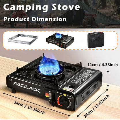 Portable Butane Tabletop Camping Stove in Black or Red with Carrying Case, Windscreen and 34 x 28 cm Base