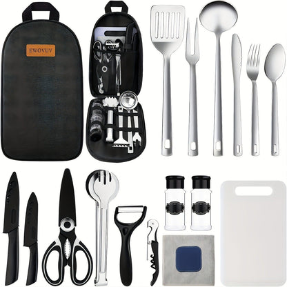 Camping Cookware Set, 18-Piece Stainless Steel Camp Kitchen Utensil Kit with Knives, Flatware and Organizer Case