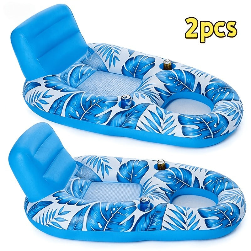Two-Piece Inflatable Pool Lounge Float Set, 59.1 x 36.2 Inches Each with Backrests and Dual Cup Holders