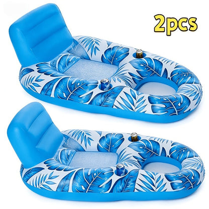 Two-Piece Inflatable Pool Lounge Float Set, 59.1 x 36.2 Inches Each with Backrests and Dual Cup Holders