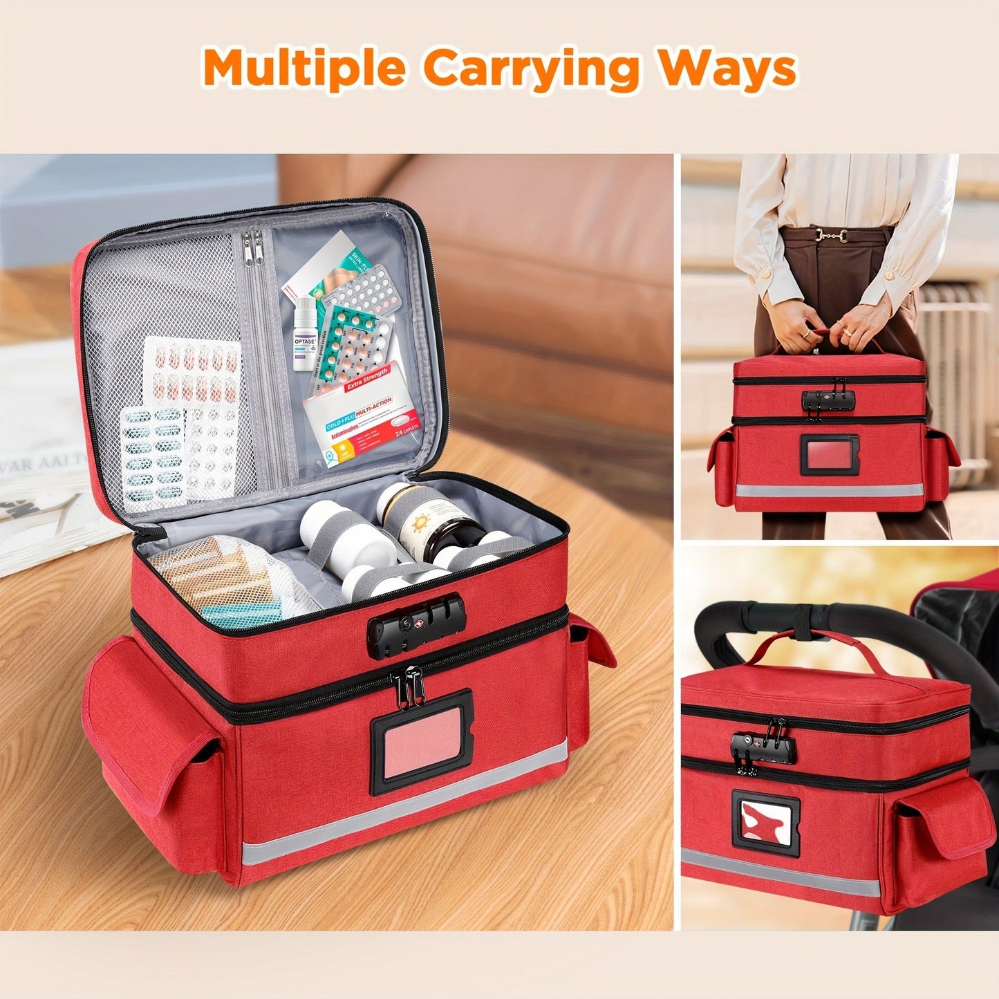 Lockable Medicine Organizer Bag with Combination Lock, Double-Layer Large Capacity Pill Bottle Storage Case for Prescription Bottles First