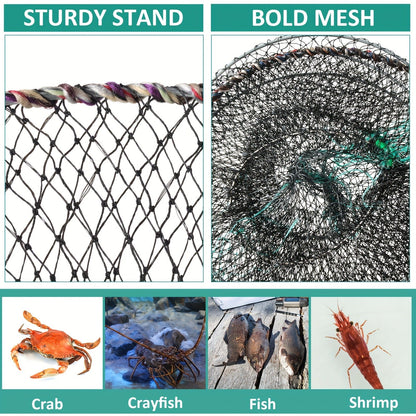 Collapsible Fishing Trap Net 4 Pack – Crab Crawfish Minnow Lobster Shrimp Bait Cage with 49ft Rope, 12x24 Inch Foldable Fish Trap