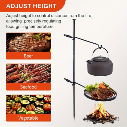 Portable Camping Grill Set – Heavy Duty Skillet Combo with Adjustable Grill Grate, Grill Pan & Carrying Bag – Steel & Iron Construction