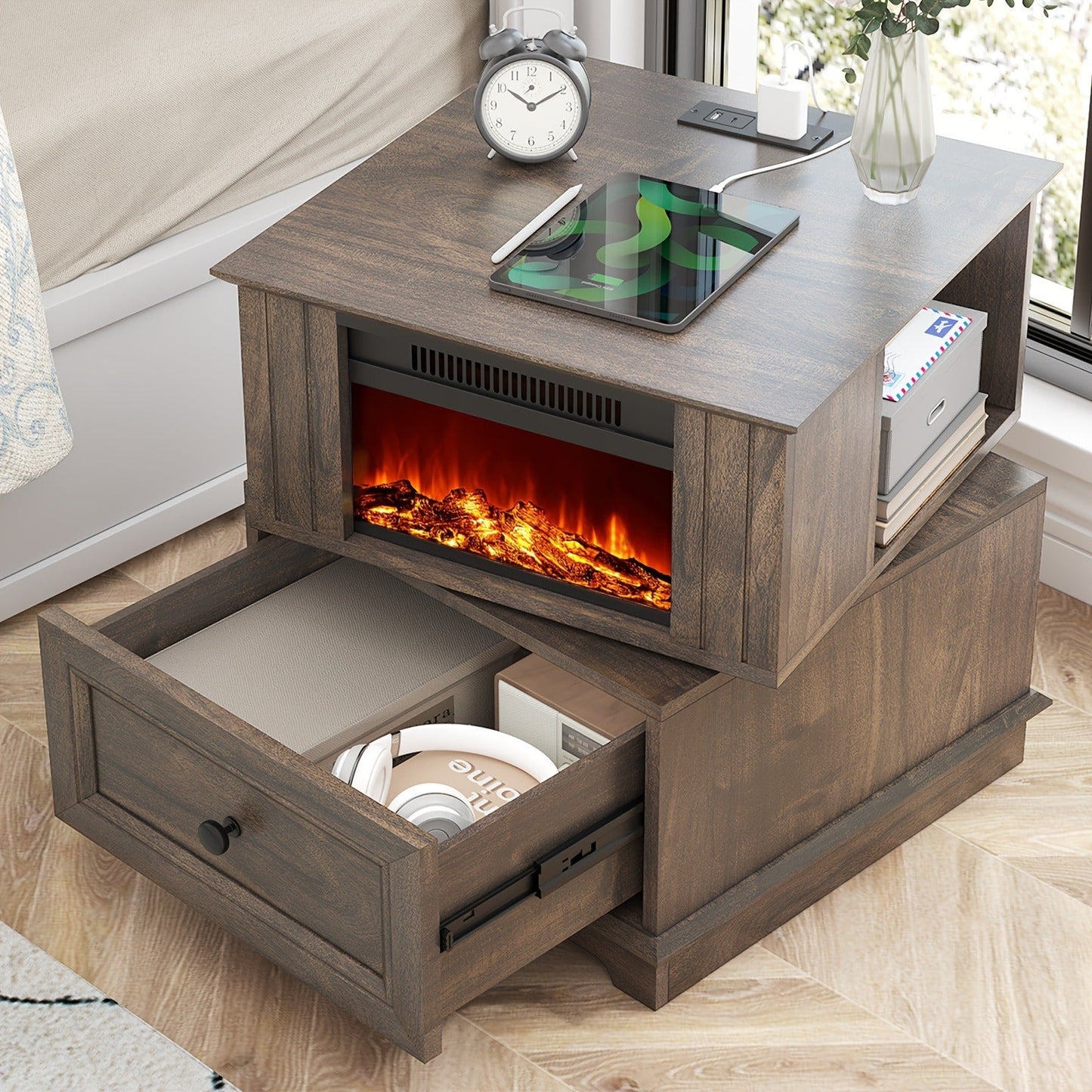 Electric Fireplace End Table Rotating 13-Inch Screen Side Table with Fast Charging Station Storage Shelf for Living Room Bedroom