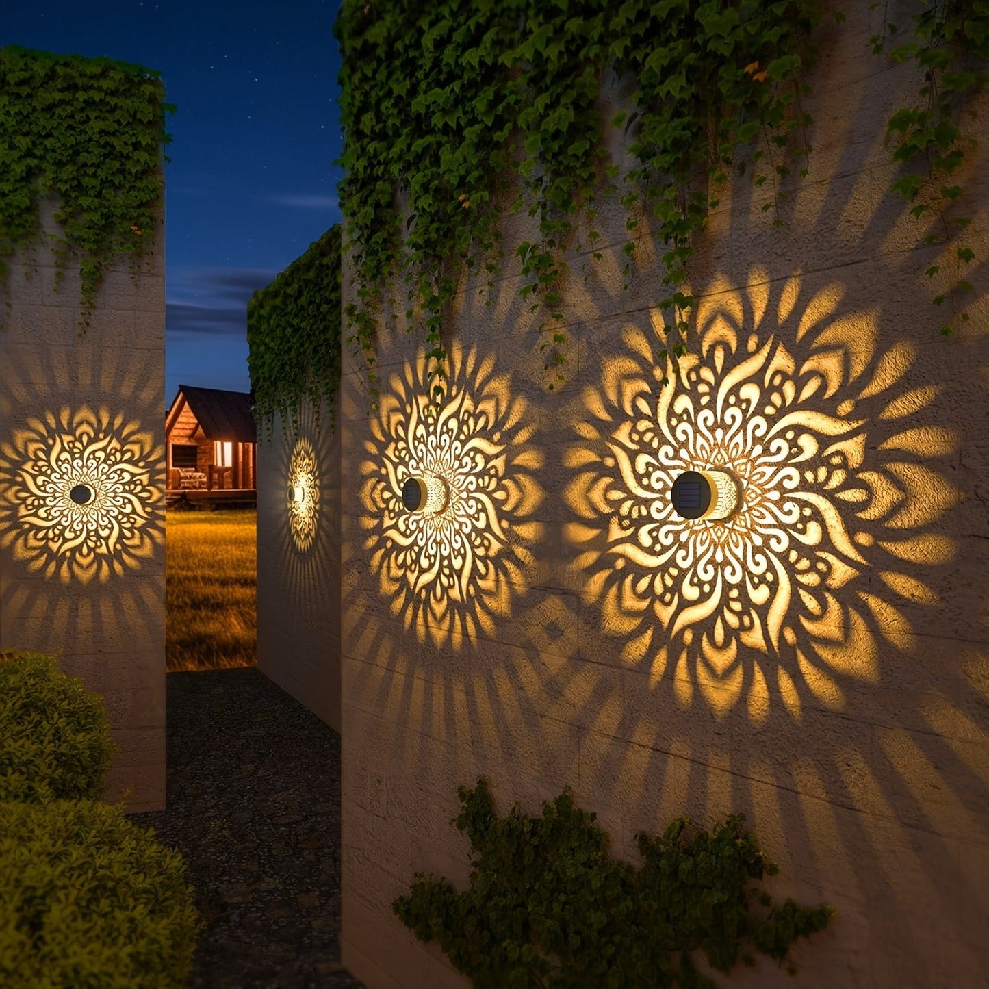Solar Garden Lights IP65 Mandala Metal Wall Lanterns with Pattern Projection in 1/2/4 Packs for Fence Decor