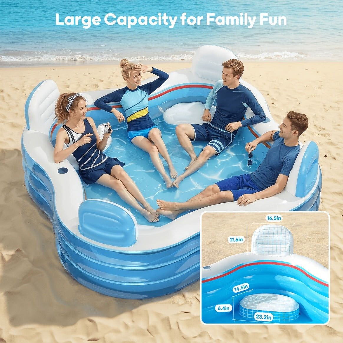Inflatable Lounge Pool with Backrest 4 Seats 80x80x32 Inch Blow Up Pool for Adults Family Outdoor Garden for Garden, Patio and Yard Use