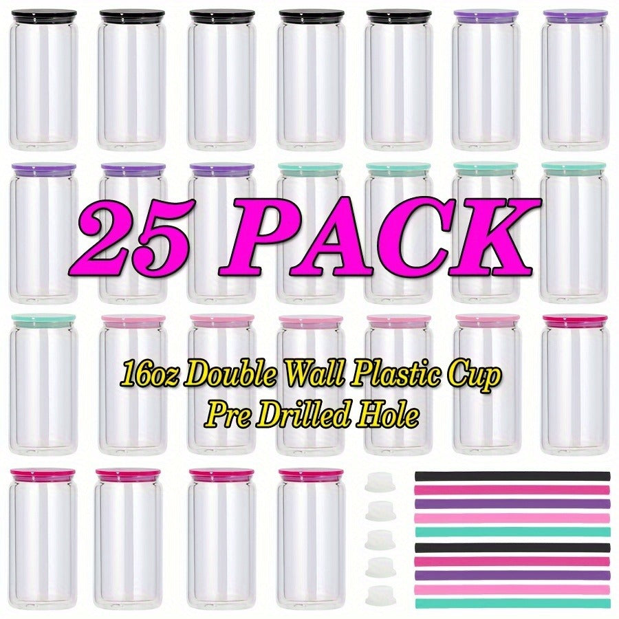 Snow Globe Tumbler Drinkware Bulk Set, 16oz Double-Wall Plastic Cups with Lids, Straws and Pre-Drilled Holes