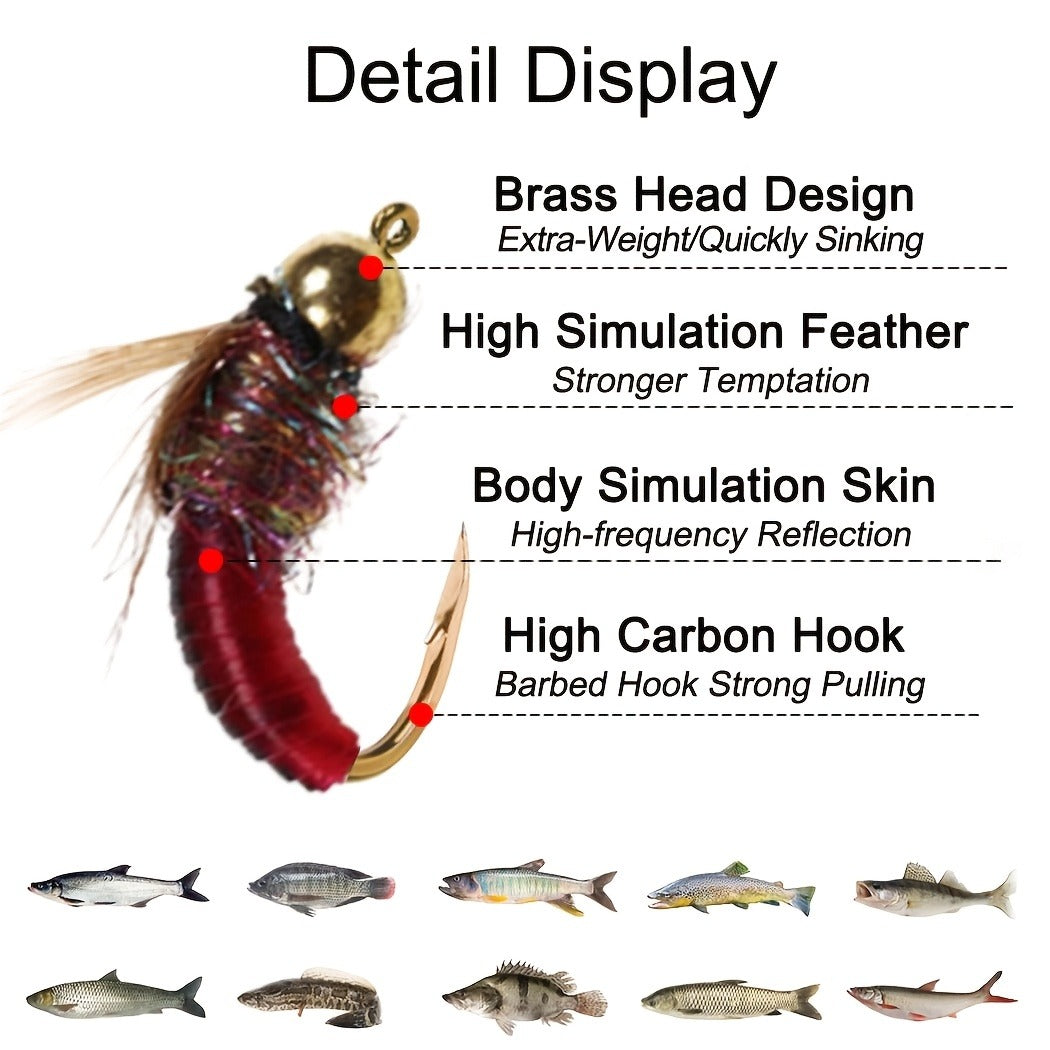 Trout Fly Fishing Flies Kit 24pcs – Brass Bead Head Caddis Nymph Lures Mixed Styles with Tackle Box, High Carbon Steel #10 Hooks for Bass