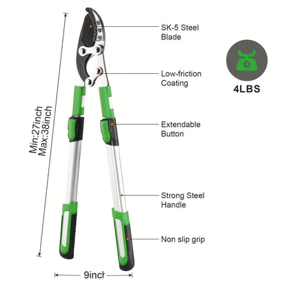 Extendable Pruning Shears 22-27.5 Inch – SK5 Steel Blades Cut 2.5" Branches, Shock-Absorbing Ergonomic Handle