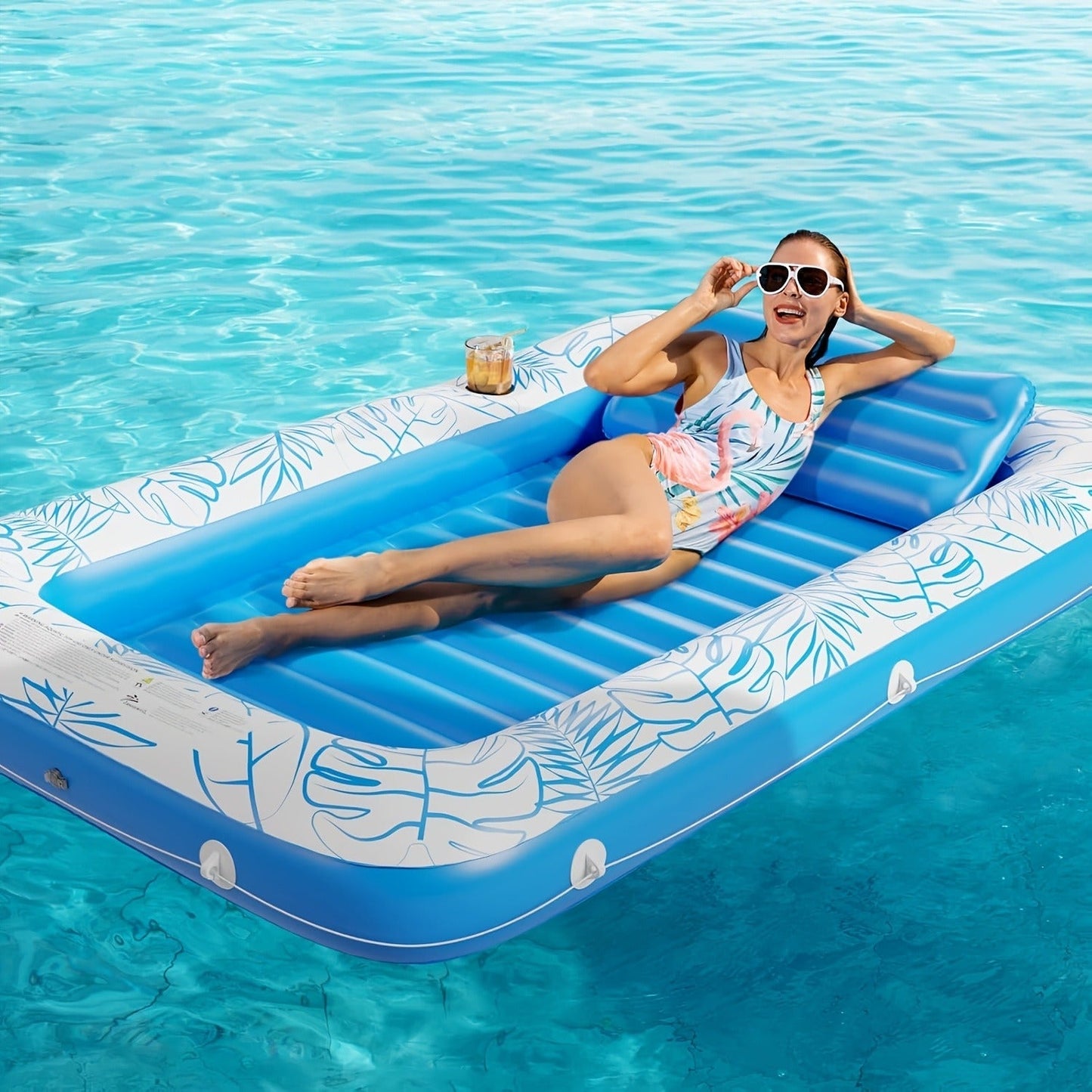 Tanning Pool Float 4-in-1, Inflatable Sunbathing Lounger with Detachable Pillow, Cup Holder & Wrap Rope