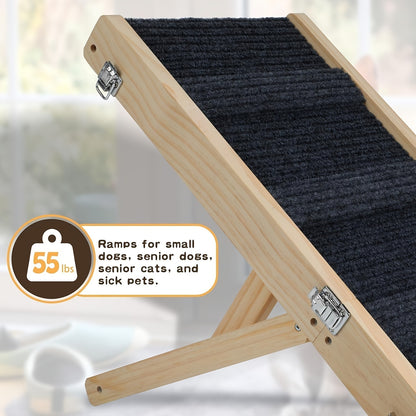 Foldable Dog Ramp for Couch & Bed – Adjustable Height 13–21 Inch, Non-Slip Pad & Wood Base, Portable Pet Stairs for Small Dogs