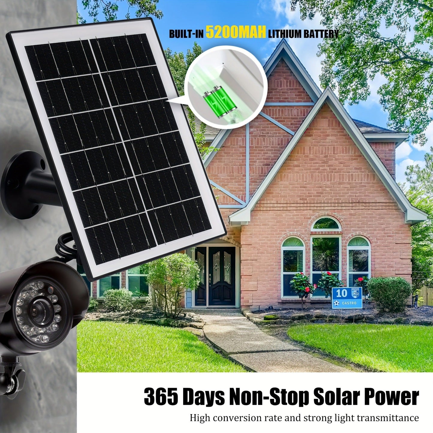 Solar Panel 5W Monocrystalline with Built-In 5200mAh Battery - 3rd Gen Emergency Charger for Security Camera